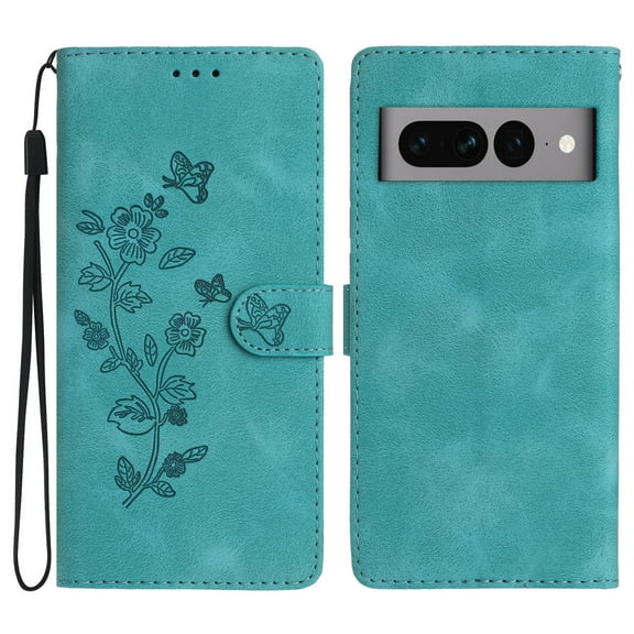 SaniMore Wallet Case for Google Pixel 7 Pro 6.7" 2022, PU Leather Embossed Flower Shockproof [Card Slots + Cash Pocket + Removeable Wrist Strap] Kickstand Full Protective Business Shell, Blue