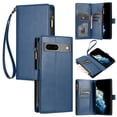 thumbnail image 1 of SaniMore Wallet Case for Google Pixel 7, RFID Blocking PU Leather Zipper Handbag Purse Flip Cover, Kickstand Folio Case with Card Slot Wrist Strap Lanyard for Google Pixel 7, Blue, 1 of 7