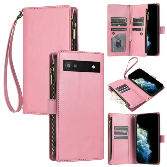 SaniMore Wallet Case for Google Pixel 7A, RFID Blocking PU Leather Zipper Handbag Purse Flip Cover, Kickstand Folio Case with Card Slot Wrist Strap Lanyard for Google Pixel 7A, Pink