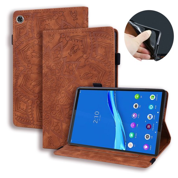 SaniMore Wallet Case for Lenovo Tab M10 Plus 3rd Gen 10.6 inch 2022 TB-125F/128F, PU Leather Embossed Sunflower Shockproof TPU Shell Card/Pen Holder Hand Rope Anti-slip Kickstand Tablet Cover, Brown