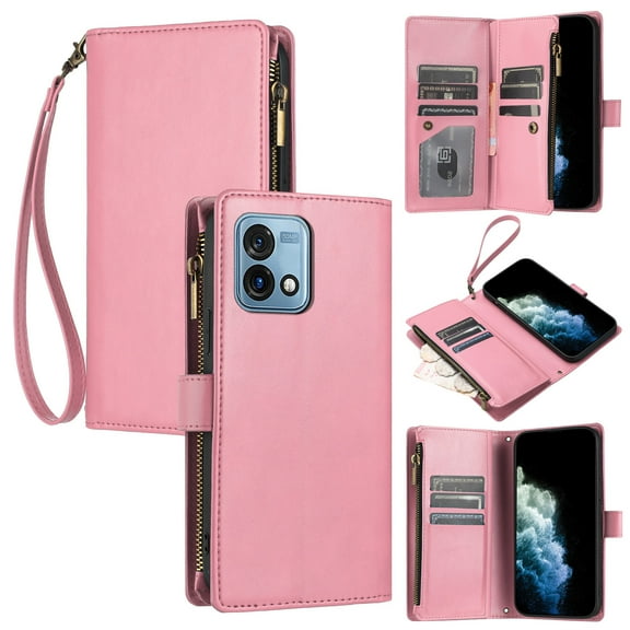 SaniMore Wallet Case for Motorola Moto G Stylus 5G 2023, RFID Blocking PU Leather Zipper Handbag Purse Flip Cover, Kickstand Folio Case with Card Slot Wrist Strap Lanyard for Women Girls, Pink
