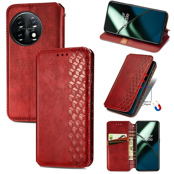 SaniMore Wallet Case for Oneplus 11, Vintage PU Leather Case Card Slots Cash Pocket Stand Feature Magnetic Closure Anti-drop Shockproof Full Body Protective Case For Oneplus 11, Red