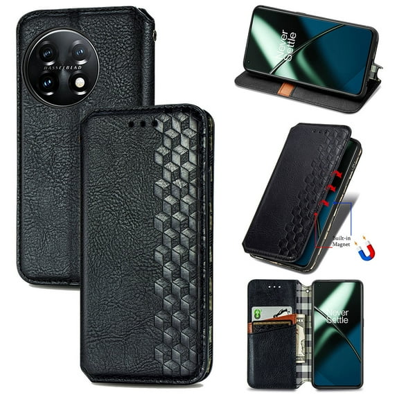 SaniMore Wallet Case for Oneplus 11, Vintage PU Leather Case Card Slots Cash Pocket Stand Feature Magnetic Closure Anti-drop Shockproof Full Body Protective Case For Oneplus 11, Black
