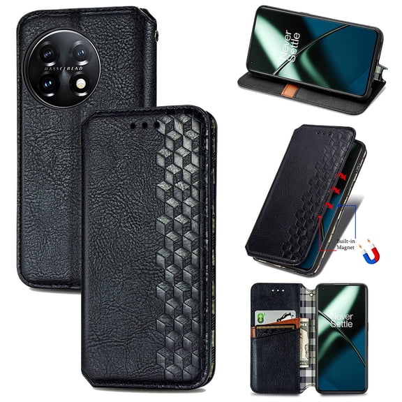 SaniMore Wallet Case for Oneplus 12, Vintage PU Leather Case Card Slots Cash Pocket Stand Feature Magnetic Closure Anti-drop Shockproof Full Body Protective Case For Oneplus 12, Black