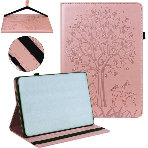 SaniMore Wallet Case for Pad Pro 11 2024, PU Leather Case Embossed Tree Shockproof TPU Shell Card Slots Pen Holder Hand Rope Anti-slip Strip Kickstand Case, Rosegold