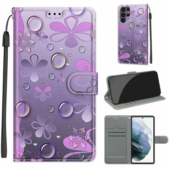 SaniMore Wallet Case for Samsung Galaxty S22 Ultra 6.8" 2022, PU Leather Color Painting Kickstand Wrist Strip Magnetic Clasp Cash Pocket Card Holders Shockproof Full Protective Case, Water Drops