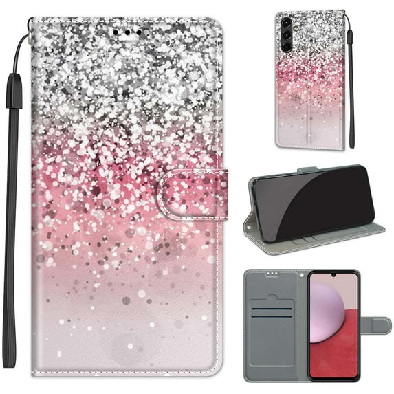 SaniMore Wallet Case for Samsung Galaxy A14 5G 6.6" 2023, PU Leather Color Painting Kickstand Wrist Strip Magnetic Clasp Cash Pocket Card Holders Shockproof Full Protective Case, Silver Powder Glitter