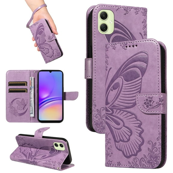 SaniMore Wallet Case for Samsung Galaxy A15, PU Leather Embossed Butterfly Flip Folio Cover Card Holder [Kickstand][Wrist Strap] All Arpund Protective Shockproof Shell, Purple