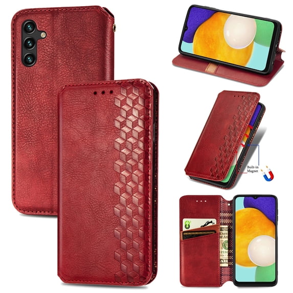 SaniMore Wallet Case for Samsung Galaxy A25, Vintage PU Leather Case Card Slots Cash Pocket Stand Feature Magnetic Closure Anti-drop Shockproof Full Body Protective Case for Galaxy A25, Red