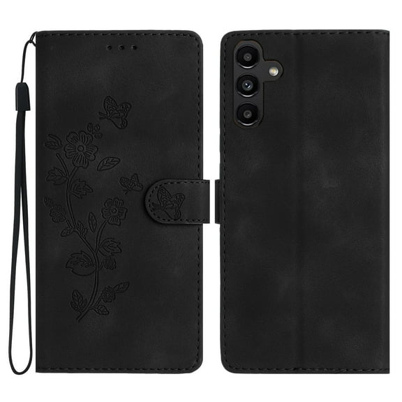 SaniMore Wallet Case for Samsung Galaxy A54 5G 6.4" 2023,  PU Leather Embossed Flower Shockproof [Card Slots + Cash Pocket + Removeable Wrist Strap] Kickstand Full Protective Business Shell, Black