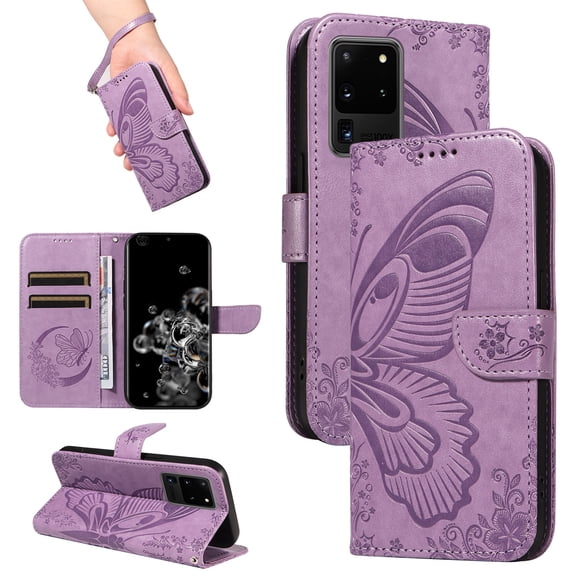 SaniMore Wallet Case for Samsung Galaxy S20 Ultra, PU Leather Embossed Butterfly Flip Folio Cover Card Holder [Kickstand][Wrist Strap] All Arpund Protective Shockproof Shell, Purple