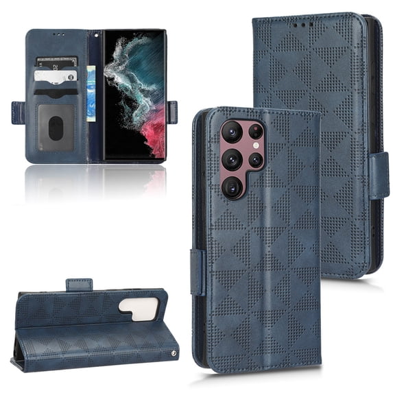 SaniMore Wallet Case for Samsung Galaxy S22 Ultra 6.8" 2022, Glitter PU Leather Case Triangle Pattern Card Slots Cash Pocket Kickstand Removeable Wrist Strip All-around Protective Magnetic Case, Blue