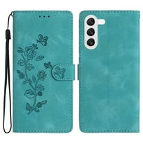 SaniMore Wallet Case for Samsung Galaxy S23 6.1" 2023,  PU Leather Embossed Flower Shockproof [Card Slots   Cash Pocket   Removeable Wrist Strap] Kickstand Full Protective Business Shell, Blue