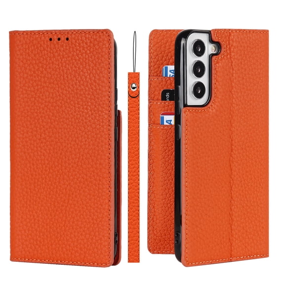 SaniMore Wallet Case for Samsung Galaxy S23 6.1" 2023, Wrist Strap Flip Kickstand Card Slots Genuine PU Leather Shockproof TPU Shell Anti-fall Full-body Protective Cover For Galaxy S23, Orange