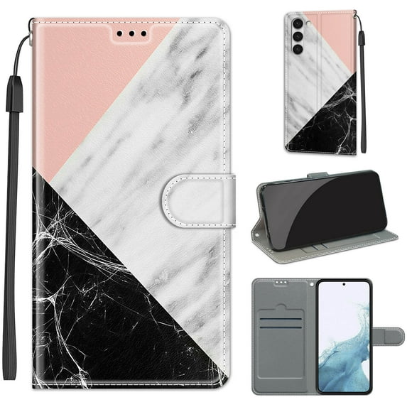 SaniMore Wallet Case for Samsung Galaxy S23 Plus 2023, PU Leather Color Painting Kickstand Wrist Strip Magnetic Clasp Cash Pocket Card Holders Shockproof Full Protective Case, Pink White Black Marble