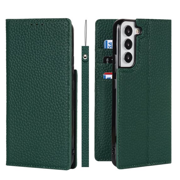 SaniMore Wallet Case for Samsung Galaxy S23 Plus 6.6" 2023, Wrist Strap Flip Kickstand Card Slots Genuine PU Leather Shockproof TPU Shell Anti-fall Full-body Protective Cover For S23 Plus, Green