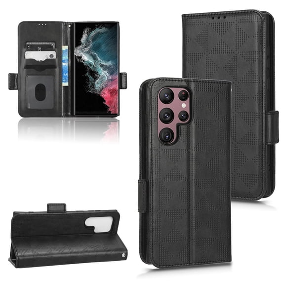 SaniMore Wallet Case for Samsung Galaxy S23 Ultra 6.8" 2023, Glitter PU Leather Case Triangle Pattern Card Slots Cash Pocket Kickstand Removeable Wrist Strip All-around Protective Magnetic Case,Black