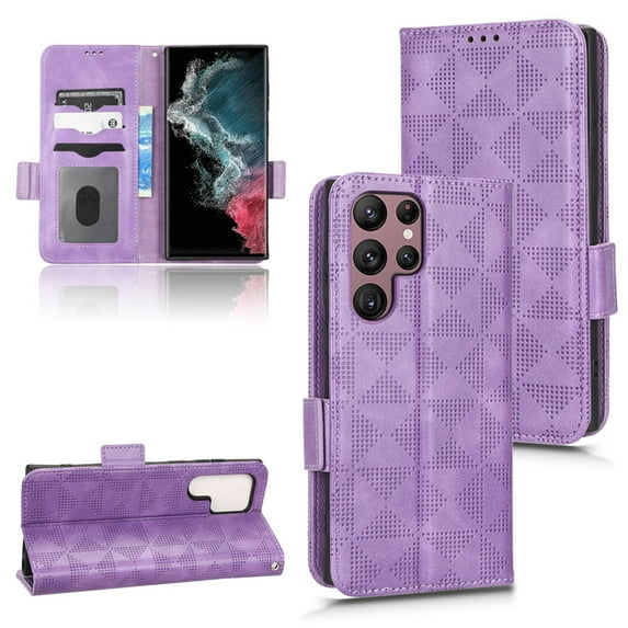 SaniMore Wallet Case for Samsung Galaxy S23 Ultra 6.8" 2023, Glitter PU Leather Case Triangle Pattern Card Slots Cash Pocket Kickstand Removeable Wrist Strip All-around Protective Magnetic Case,Purple