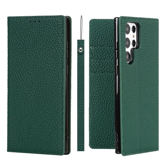SaniMore Wallet Case for Samsung Galaxy S23 Ultra 6.8" 2023, Wrist Strap Flip Kickstand Card Slots Genuine PU Leather Shockproof TPU Shell Anti-fall Full-body Protective Cover For S23 Ultra, Green