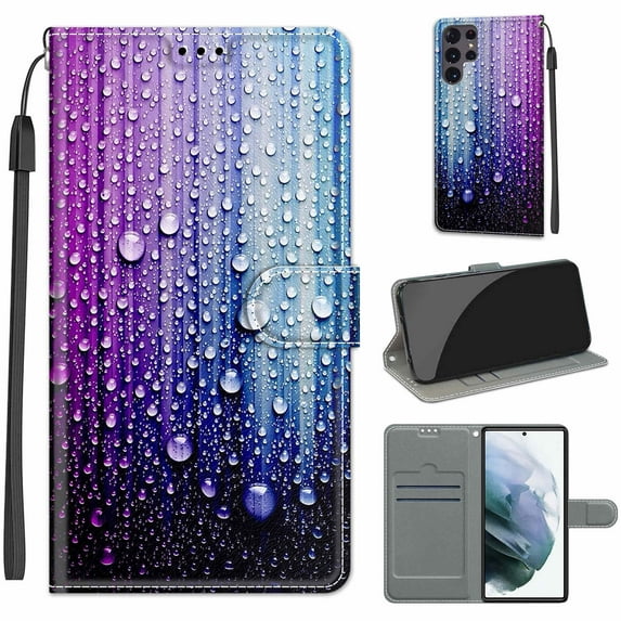 SaniMore Wallet Case for Samsung Galaxy S23 Ultra Plus 2023, PU Leather Color Painting Kickstand Wrist Strip Magnetic Clasp Cash Pocket Card Holders Shockproof Full Protective Case, Purple Blue Water