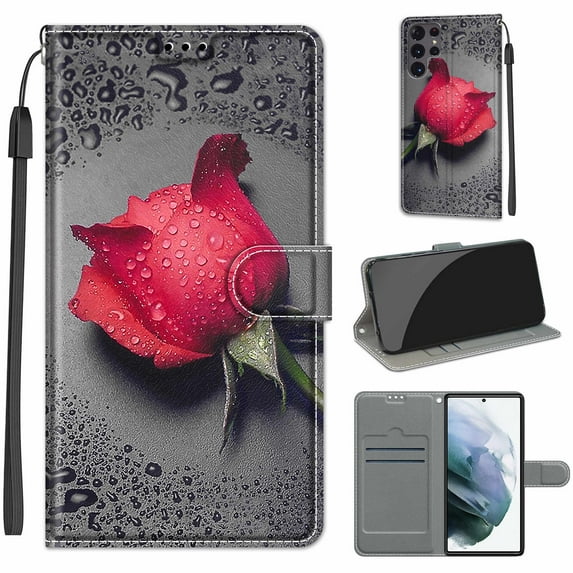 SaniMore Wallet Case for Samsung Galaxy S23 Ultra Plus 2023, PU Leather Color Painting Kickstand Wrist Strip Magnetic Clasp Cash Pocket Card Holders Shockproof Full Protective Case, Red Rose