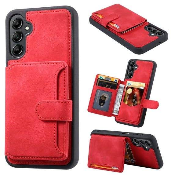 SaniMore Wallet Case for Samsung Galaxy S24, Flip Cash Pocket Card Slots Kickstand PU Leather Skin Wear-resistant Retro Shockproof Anti-drop Cover for Samsung Galaxy S24, Red