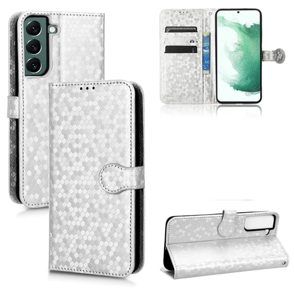 SaniMore Wallet Case for Samsung Galaxy S24 Plus, Glitter PU Leather Case Polka Dot Card Slots Cash Pocket Kickstand Removeable Wrist Strip Magnetic Clasp All-around Protective Shell, Silver