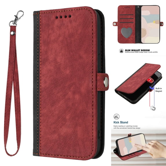 SaniMore Wallet Case for Samsung Galaxy S24 Plus, Retro PU Leather Case Card Slots Cash Pocket Kickstand Removeable Lanyard Shockproof Anti-fall Full Protective Magnetic Cover, Red