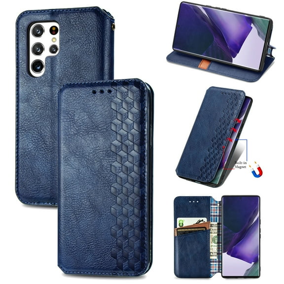 SaniMore Wallet Case for Samsung Galaxy S24 Ultra 6.8", Vintage PU Leather Case Card Slots Cash Pocket Stand Feature Magnetic Closure Anti-drop Shockproof Full Body Protective Case For S24 Ultra, Blue