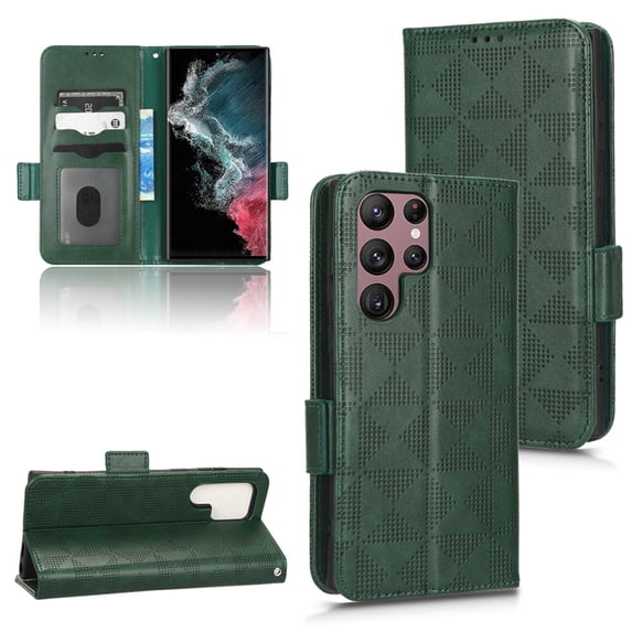 SaniMore Wallet Case for Samsung Galaxy S24 Ultra, Glitter PU Leather Case Triangle Pattern Card Slots Cash Pocket Kickstand Removeable Wrist Strip All-around Protective Magnetic Cover, Green