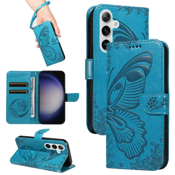 SaniMore Wallet Case for Samsung Galaxy S24 Ultra, PU Leather Embossed Butterfly Flip Folio Cover Card Holder [Kickstand][Wrist Strap] All Arpund Protective Shockproof Shell, Blue