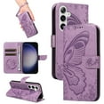 thumbnail image 1 of SaniMore Wallet Case for Samsung Galaxy S24 Ultra, PU Leather Embossed Butterfly Flip Folio Cover Card Holder [Kickstand][Wrist Strap] All Arpund Protective Shockproof Shell, Purple, 1 of 18