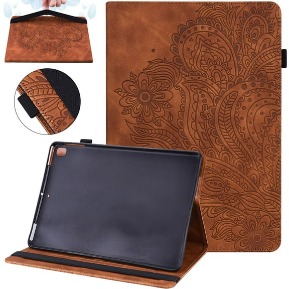 SaniMore Wallet Case for Samsung Galaxy Tab A8 10.5" 2022 SM-X200/X205, PU Leather Case Embossed Sunflower Shockproof TPU Shell Card Slots Pen Holder Hand Rope Anti-slip Strip Kickstand Case, Brown