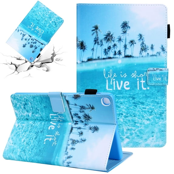SaniMore Wallet Case for Samsung Galaxy Tab A8 Case 10.5" 2022 SM-X200/X205, PU Leather Case Auto Wake/Sleep Card Holder Kickatnd Anti-slip Strip Shockproof TPU Backplane Fashion Case, Beach
