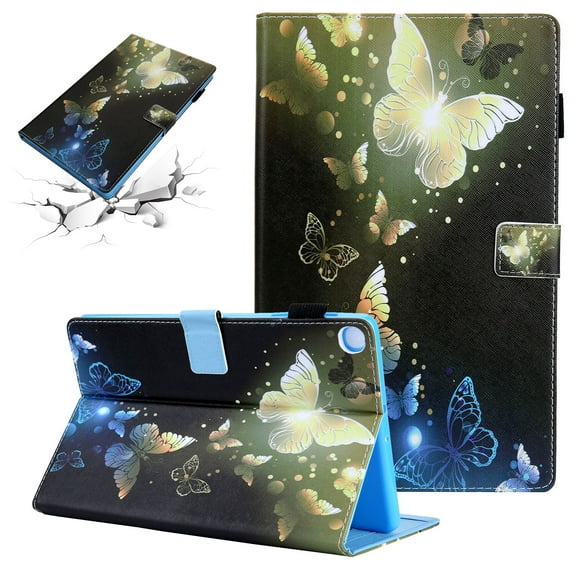 SaniMore Wallet Case for Samsung Galaxy Tab A8 Case 10.5" 2022 SM-X200/X205, PU Leather Case Shockproof TPU Shell Auto Wake/Sleep Card/Pen Holder Stand Anti-slip Strip Magnetic Case, Gold Butterfly