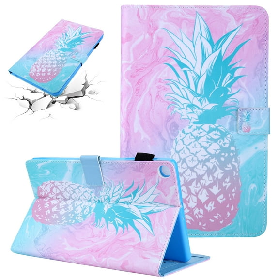 SaniMore Wallet Case for Samsung Galaxy Tab A9 Plus Case 12.4" 2023 SM-X810/X816/X818, PU Leather TPU Auto Wake/Sleep Card/Pen Holder Stand Anti-slip Strip Magnetic Cover, Blue Pink Pineapple