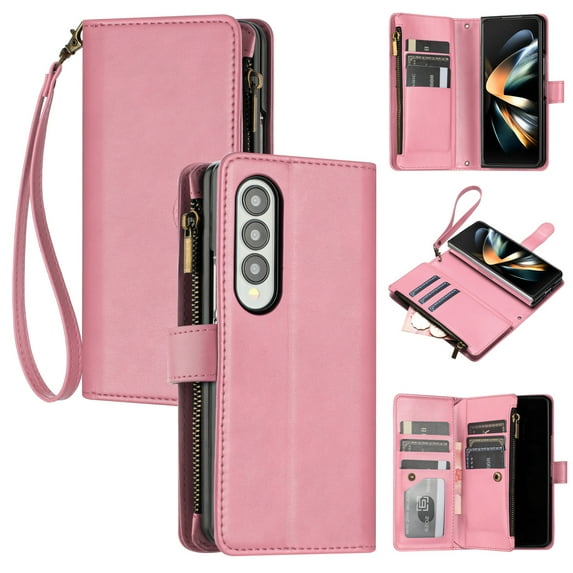 SaniMore Wallet Case for Samsung Galaxy Z Fold 3, RFID Blocking PU Leather Zipper Handbag Purse Flip Cover, Kickstand Folio Case with Card Slot Wrist Strap Lanyard for Samsung Z Fold 3, Pink