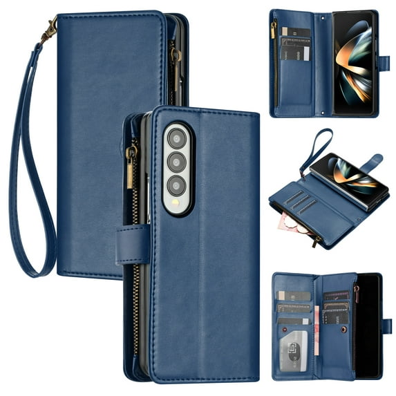 SaniMore Wallet Case for Samsung Galaxy Z Fold 4, RFID Blocking PU Leather Zipper Handbag Purse Flip Cover, Kickstand Folio Case with Card Slot Wrist Strap Lanyard for Samsung Z Fold 4, Blue