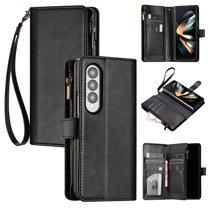 SaniMore Wallet Case for Samsung Galaxy Z Fold 4, RFID Blocking PU Leather Zipper Handbag Purse Flip Cover, Kickstand Folio Case with Card Slot Wrist Strap Lanyard for Samsung Z Fold 4, Black