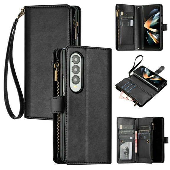 SaniMore Wallet Case for Samsung Galaxy Z Fold 4, RFID Blocking PU Leather Zipper Handbag Purse Flip Cover, Kickstand Folio Case with Card Slot Wrist Strap Lanyard for Samsung Z Fold 4, Black