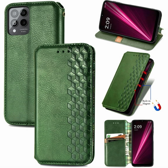 SaniMore Wallet Case for T-Mobile REVVL 6 Pro 5G Vintage PU Leather Case Card Slots Cash Pocket Stand Feature Magnetic Closure Anti-drop Shockproof Full Body Protective Cover, Green