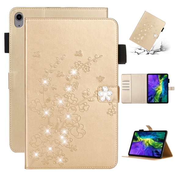 SaniMore Wallet Case for iPad 10th Generation 10.9" 2022 with Card Slots Pencil Holder Magnetic Clsap Kickstand Full Protective PU Leather Glitter Embossed Cover for iPad 10th Gen, Gold