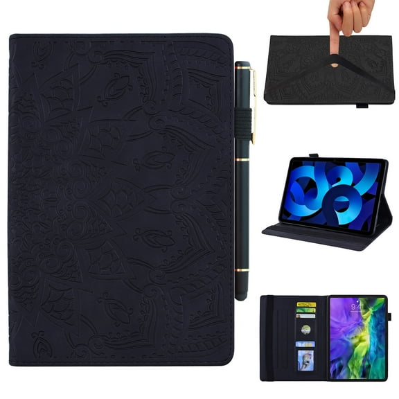 SaniMore Wallet Case for iPad 10th Generation 10.9" 2022, PU Leather Case with Embossed Sunflower Shockproof TPU Shell Card/Pen Holder Hand Rope Anti-slip Kickstand Tablet Case For iPad 10th , Black