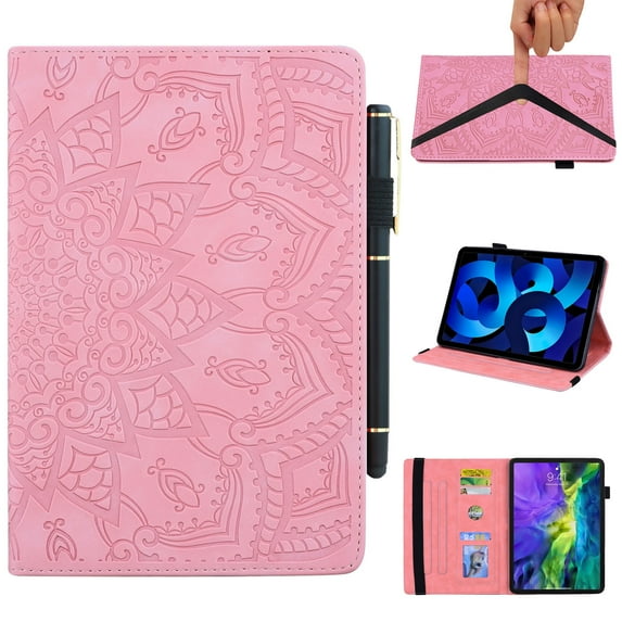 SaniMore Wallet Case for iPad 10th Generation 10.9" 2022, PU Leather Case with Embossed Sunflower Shockproof TPU Shell Card/Pen Holder Hand Rope Anti-slip Kickstand Tablet Case For iPad 10th, Pink