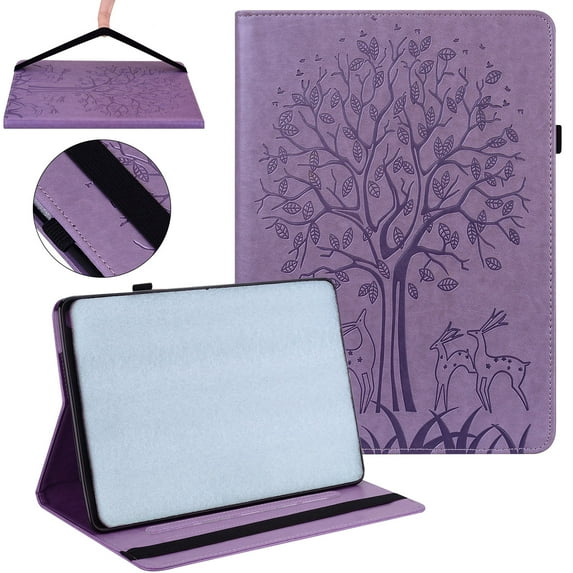 SaniMore Wallet Case for iPad 10th Generation 10.9" 2022, PU Leather Case Embossed Tree Shockproof TPU Shell Card Slots Pen Holder Hand Rope Anti-slip Strip Kickstand Case, Purple