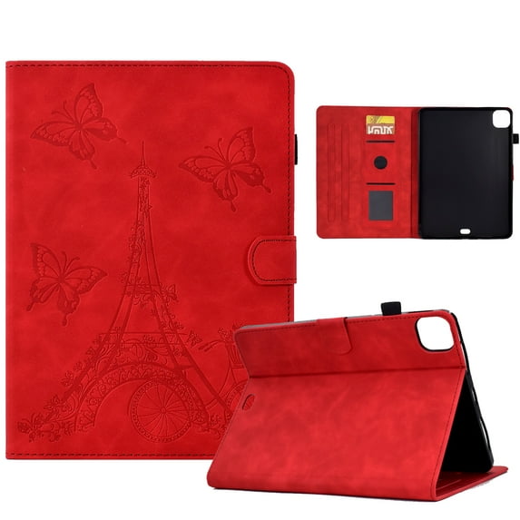 SaniMore Wallet Case for iPad Pro 11 2024, Auto Sleep/Wake, PU Leather Magnetic Cover Built-in Pencil Holder 2 Card Slots & Folding Kickstand Full Body Protective Shell, Red