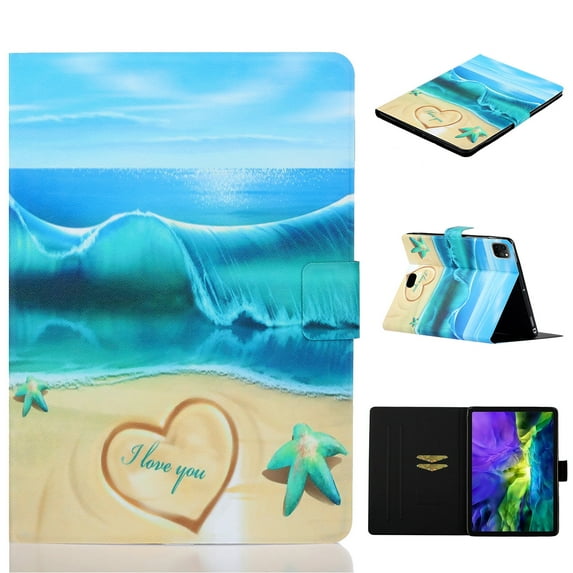 SaniMore Wallet Case for iPad Pro 11 2024, PU Leather Case Card Slots Anti-slip Strip Flip Kickstand Shockproof TPU Shell Full Protective Fashion Lovely Cover, Beach