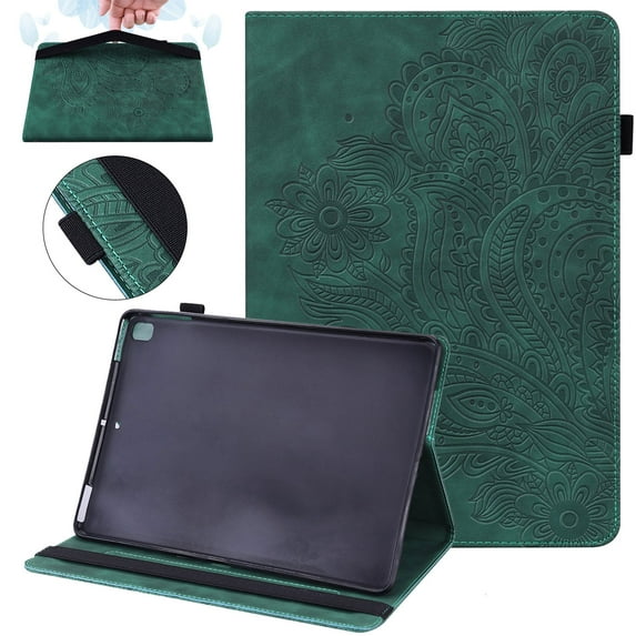 SaniMore Wallet Case for iPad Pro 11 2024, PU Leather Case Embossed Sunflower Shockproof TPU Shell Card Slots Pen Holder Hand Rope Anti-slip Strip Kickstand Case, Green