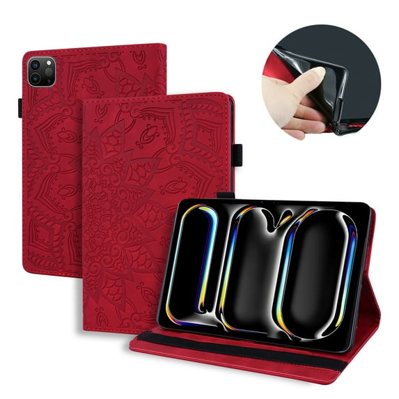 SaniMore Wallet Case for iPad Pro 13 2024, PU Leather Case with Embossed Sunflower Shockproof TPU Shell Card/Pen Holder Hand Rope Anti-slip Kickstand Tablet Cover, Red