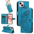 thumbnail image 1 of SaniMore Wallet Case for iPhone 13 Mini, PU Leather Embossed Butterfly Flip Folio Cover Card Holder [Kickstand][Wrist Strap] All Arpund Protective Shockproof Shell for iPhone 13 Mini(2021), Blue, 1 of 18
